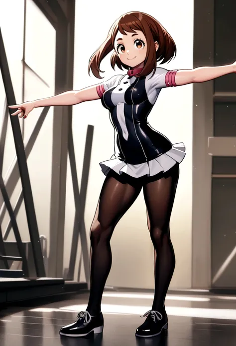 Ochako Uraraka, teen, , medium breasts, Short skirt, black pantyhose, black shoes, SMILE, perfect body, perfect legs, perfect arms