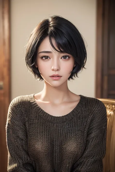 (masterpiece:1.3), (8K, Realistic, RAW Photos, Highest quality: 1.4), (One girl), Beautiful Face, (Realistic Face), (Black Hair, short hair:1.3), Beautiful hairstyle, Realistic eyes, Beautiful attention to detail, (Realistic Skin), Beautiful Skin, (sweater...