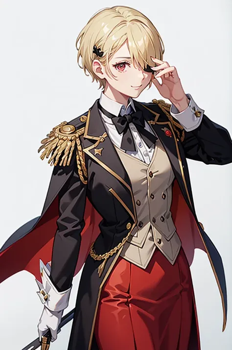 1 person, mature, (((Butler))), count, viscount, Victorian era,(Barrette)、(((Hair on one eye)))、(((Blonde short hair))),(Red eyeedium Breast),smile、 suit, coat,  White gloves, Gold and red design, Black Shirt, No background, Absurd, High resolution, Super ...