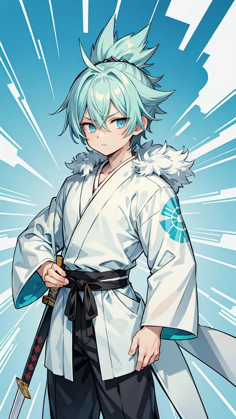 turquoise short hair, spiked hair, slanted eyes, boy, right eye hidden by hair, shinsengumi, white kimono, turquoise hakama, hol...