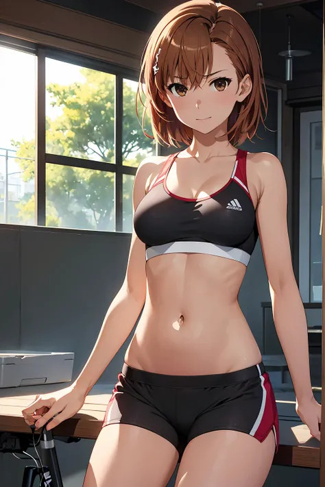 (Highest quality:1.5, High resolution, 超High resolution, 4K, Detailed lighting, Shaders), NSFW Misaka Mikoto,short hair　Brown Hair　Brown eyes　Cool face　　((Black Bike Shorts))++　Sports bra with a small area　Large Breasts　非常にLarge Breasts　valley　Deep chest　p...