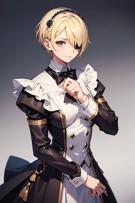 1 person, mature, (((Woman dressed as a man))),(((Butler))), count, viscount, Victorian era,(Barrette)、(((Hair on one eye)))、(((Blonde short hair))),(Red eyeedium Breast),smile、 suit, coat,  White gloves, Gold and red design, Black Shirt, No background, Ab...