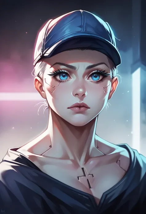 a detailed anime girl with beautiful blue eyes, long eyelashes, and an expression of wonder, wearing a blue cap and surrounded b...