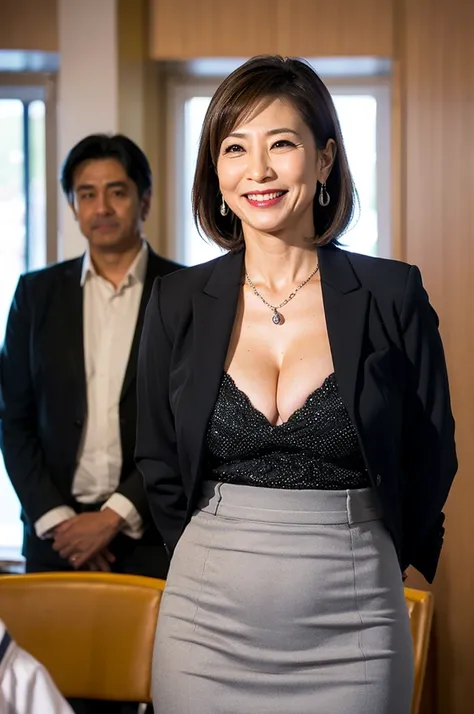 highres,realistic,(japanese mature woman politician:1.2),(45 years old:1.1),cleavage,earrings,real skin,mole under eye,smile,(gigantic breasts:1.2),sagging breasts,silver necklace,,meeting,indoors,wide hips,lower abdomen,slit skirt,summer,hotel conference ...