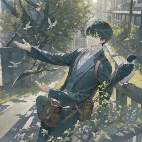 masterpiece, Highest quality, One boy, Male Focus, good looking, Residential Street, fence, Spindle Tree, Afternoon Sun, On the way home from school, , Backpack, Flock of birds, From the side, Depth of written boundary