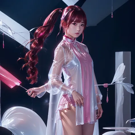 Secondary Element Girl, pink redhair, A body as crimson and transparent as a ruby、Double Ponytail, (Best image quality), (Master&#39;s Work), (Super detailed), (Detailed eye depiction:1.0), (Lens flare:1.0), (Movie Posters:1.0), (Tarot Border:1.0), the por...