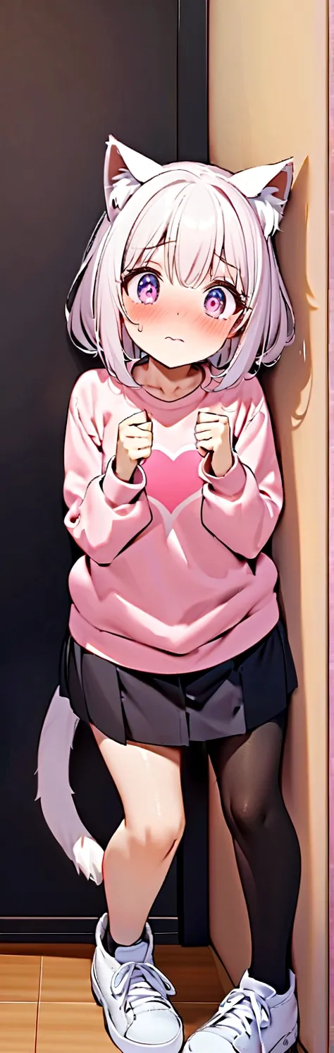 I have white pink hair, cat ears, a bun, my face is super blushing, black glasses, pink heart eyes, a big pink sweatshirt, a black skirt, black stockings, white shoes, a cat&#39;s tail, a girl. very shy that she is glued to a wall with her butt