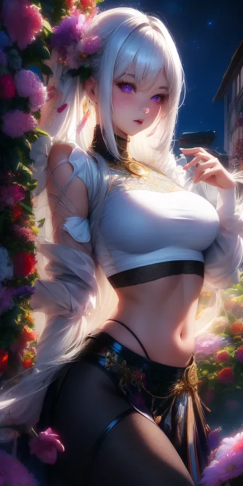 realistic, 1girl, white hair, purple eyes, glowing eyes, crop top, skirt, parted lips, blush, night, flowers, sun, sunlight,