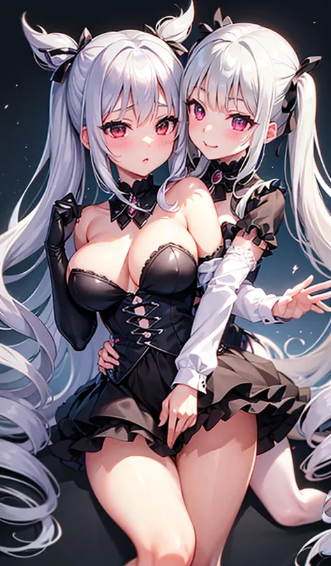 Kanzaki Ranko, silver hair, twin drills, nipples, touching a girl&#39;s breasts, close range, blushing, sloppy expression, drooling, on a bed, close in front of you, one girl, dick in pussy