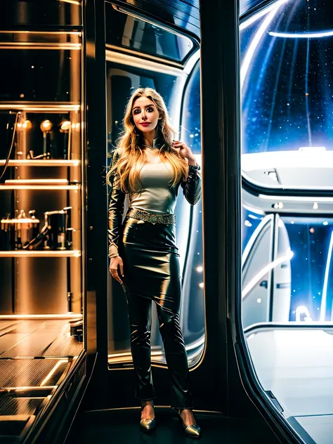 Realistic, photorealistic, RAW photo, ultra detailed, beautiful 20 years old woman, full length portrait, Woman in deep purple uniform, space ships captain, looking to camera, little smile, hi-tech interior, glass and plastic interior, future world, sci-fi...