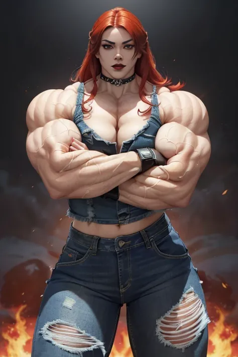 ((((Massive, beautiful, buff, pale white skinned muscular asian woman with red hair, black lipstick, ginormous bulky muscles, crossed arms and wearing a denim jacket and a tight denim pants)))), (close view), massive muscles, hyper muscles, long hair, ((ti...