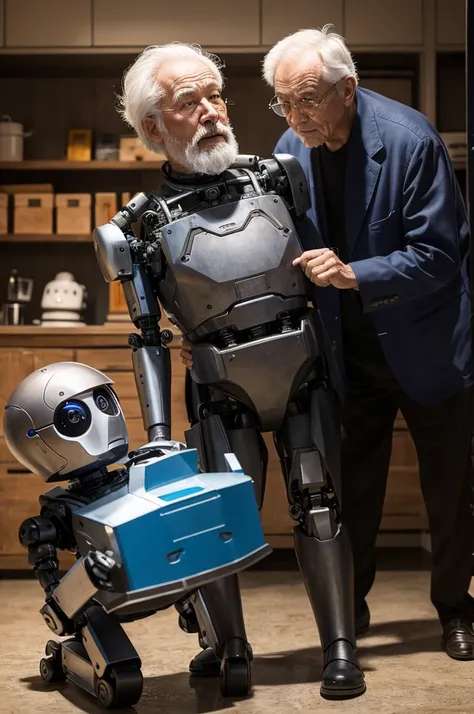 A scene where an old man with the head of an old man and the body of a robot is fighting。The old man&#39;s face is marked by deep wrinkles and gray hair.、He stares at his enemies with sharp eyes.。The robot&#39;s body is made of strong metal.、Equipped with ...