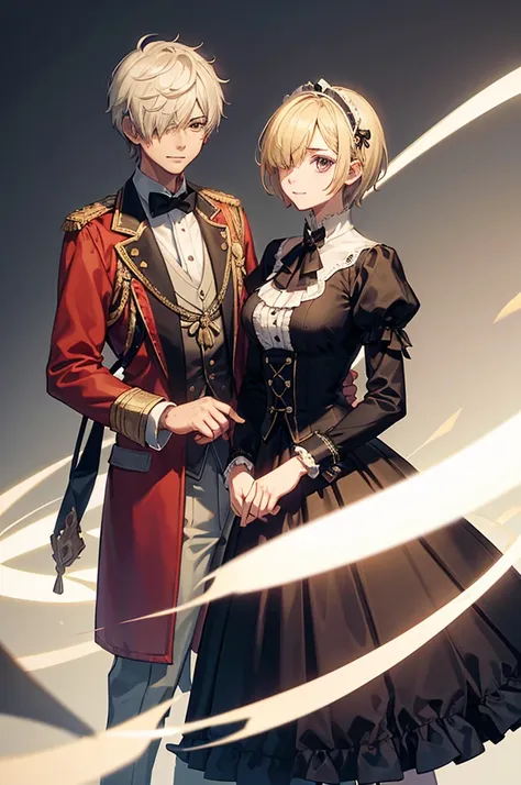 1 person, mature, (((Woman dressed as a man))),(((Butler))), count, viscount, Victorian era,(Barrette)、(((Hair on one eye)))、(((Blonde short hair))),(Red eyeedium Breast),smile、 suit, coat,  White gloves, Gold and red design, Black Shirt, No background, Ab...