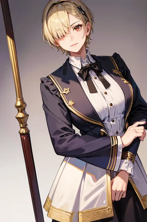 1 person, mature, (((Woman dressed as a man))),(((Butler))), count, viscount, Victorian era,(Barrette)、(((Hair on one eye)))、(((Blonde short hair))),(Red eyeedium Breast),smile、 suit, coat,  White gloves, Gold and red design, Black Shirt, No background, Ab...