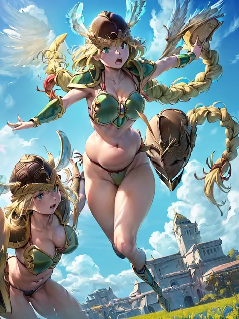 masterpiece,best quality, 1girl, 18yo, beautiful girl,BREAK,(Armor:1.8),(Helmet with wings:1.7),(Beautiful blonde,braid,Green Eyes:1.5),BREAK,(Bikini Armor:1.6),(navel exposed,voluptuous bust,thin waist:1.5),BREAK, (blue sky:1.4),(Running on clouds:1.5),(b...