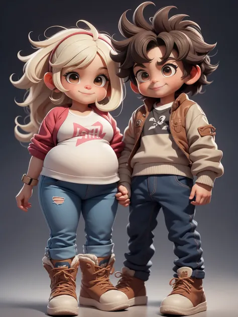 2 joyful people(1 guy and 1 girl), holding hands, Brother and sister, Love, friendship, chubby, brown-eyed, very shaggy tousled brown hair, white shirt and jeans, lace-up boots, smile at each other; whole body, realistic skin, Realistic eyes, Same height, ...