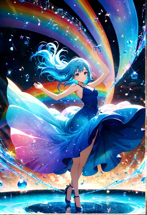 Anime style, ultra-detailed, 8K CG, blue-haired girl, smile, blue world, mysterious blue objects floating, star, (musical note), rainbow, blue dress, reflection, rainbow-colored water dancing around her. Rotating rainbow-colored water.