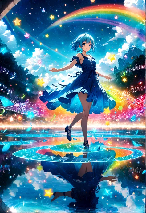 Anime style, ultra-detailed, 8K CG, blue-haired girl, smile, blue world, mysterious blue objects floating, star, (musical note), rainbow, blue dress, reflection, rainbow-colored water dancing around her. Rotating rainbow-colored water.