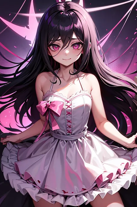 ((best quality)), ((masterpiece)), (detailed), perfect face Kokichi danganronpa Game, pink pupils, sinister smile, dark night landscape with withered flowers, light white and pink dress with two red ribbons on the side, with blood on the forehead