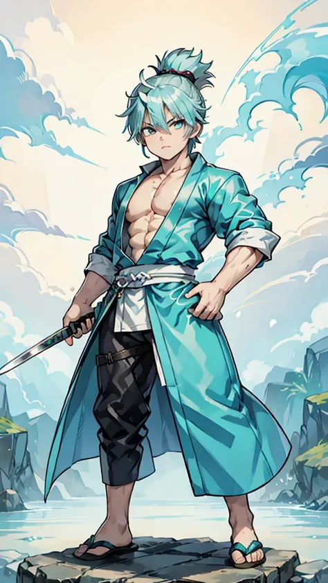 turquoise short hair, spiked hair, slanted eyes, boy, right eye hidden by hair, shinsengumi, white kimono, turquoise hakama, hol...