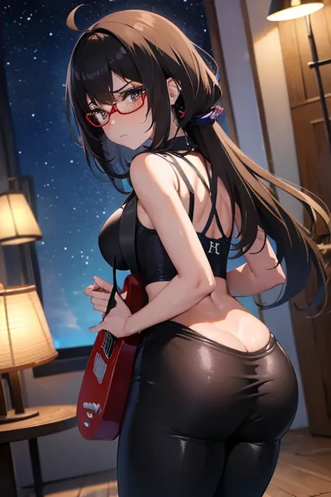 1 anime girl, YOUNG, hips, normal thighs, normal ass, huge tits, blushing, sexy, high quality, provocative, tight leggings, the flag, holding guitar, playing guitar, red guitar, electric guitar, stratocaster model, electric guitar convencional, view from b...