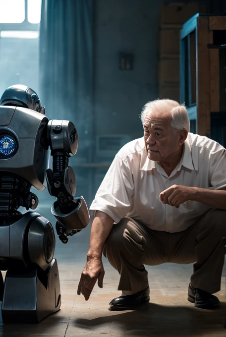 A scene where an old man with the head of an old man and the body of a robot is fighting。The old man&#39;s face is marked by deep wrinkles and gray hair.、He stares at his enemies with sharp eyes.。The robot&#39;s body is made of strong metal.、Equipped with ...