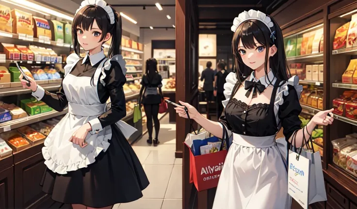 ((Highest quality)), ((masterpiece)), (detailed), sexy,A maid is shopping,