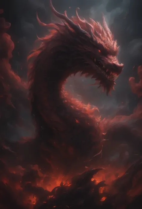 An oriental dragon。red。
The background is floating in the black sky。There is a thick fog。night。
Sharp eyes、It is shining now。At the peak of the volcano。