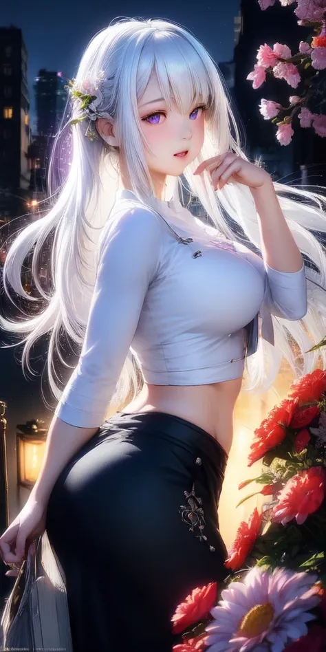 realistic, 1girl, white hair, purple eyes, glowing eyes, crop top, skirt, parted lips, blush, night, flowers, sun, sunlight,