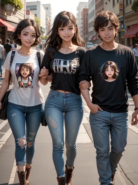 2 joyful teens  people(1 guy and 1 girl), holding hands, Brother and sister, Love, friendship, chubby, brown-eyed, very shaggy tousled brown topless and jeans, lace-up boots, smile at each other; whole body, realistic skin, Realistic eyes, Same height, Mod...