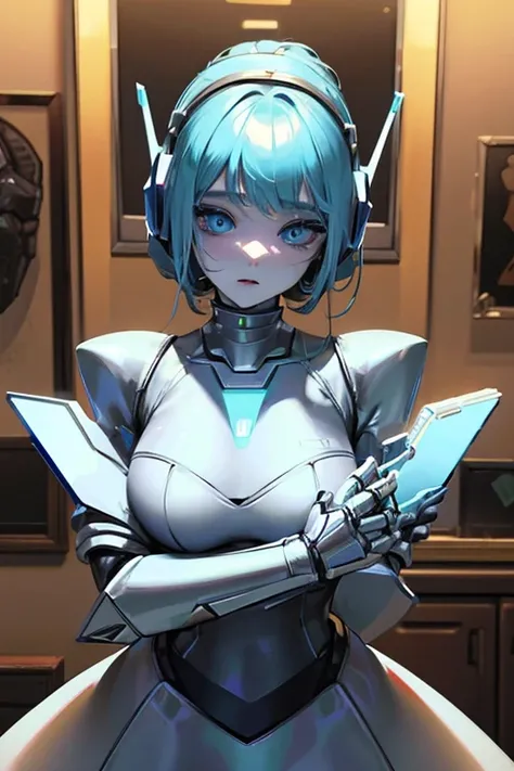 empty eyes,robotized woman ,big bust,Robot Joint ,Metal skin,dress,android,Robot Suit