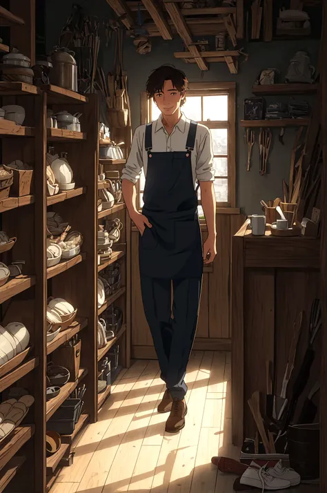 Sam, a 25-year-old shoemaker, stands with a warm smile in his cozy shoes shop. The view captures him from his stomach to his head, emphasizing his welcoming demeanor. His hair is neatly styled, and he has a gentle stubble. Sams attire remains practical and...