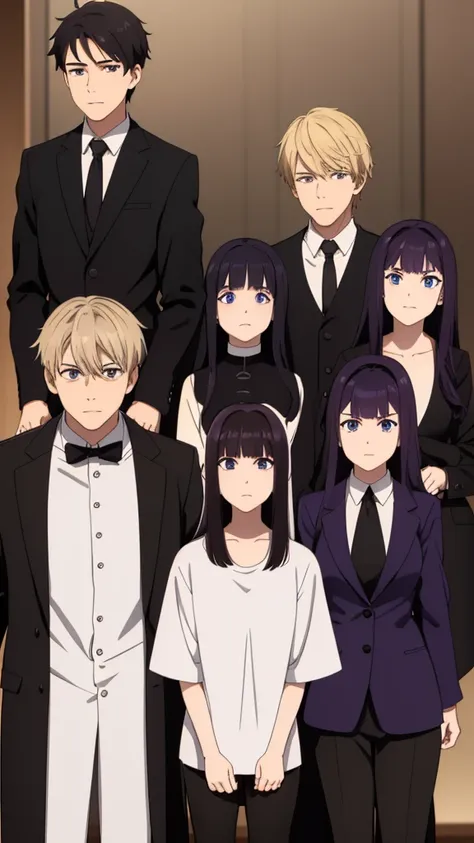 Only four people,  girls, boys, one girl has long dark purple hair, black eyes, the other girl has black hair with bangs, brown eyes, one boy has white hair and blue eyes, And the other boy has blond hair and brown eyes, they are all wearing black clothes ...