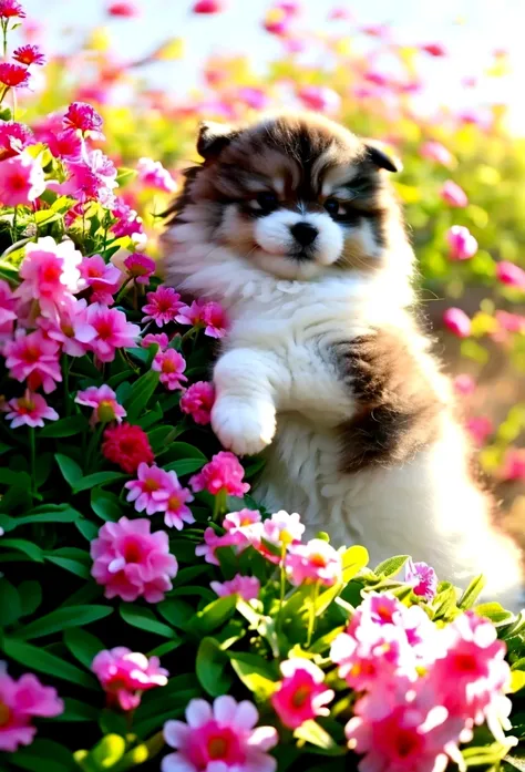 beautiful siberian puppy, playing with flowers in the spring, warm and sunny day, image that generates tenderness,