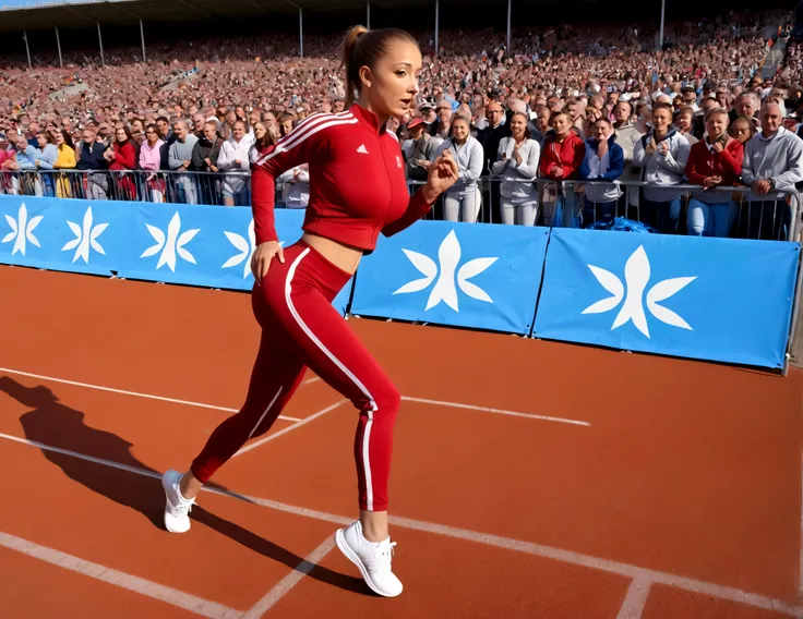 a cute woman with her hair tied back, wearing an airy track suit, running in a female sprint, large crowd, 1 woman, (best qualit...