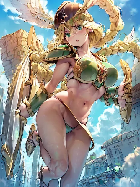 (masterpiece,best quality, 1girl, 18yo, beautiful girl:1.4),BREAK,(Armor:1.8),(Helmet with wings:1.7),(Beautiful blonde,braid,Green Eyes:1.5),BREAK,(Bikini Armor:1.6),(navel exposed,voluptuous bust,thin waist:1.5),BREAK, (blue sky:1.4),(Running on clouds:1...