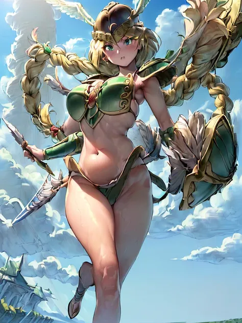 (masterpiece,best quality, 1girl, 18yo, beautiful girl:1.4),BREAK,(Armor:1.8),(Helmet with wings:1.7),(Beautiful blonde,braid,Green Eyes:1.5),BREAK,(Bikini Armor:1.6),(navel exposed,voluptuous bust,thin waist:1.5),BREAK, (blue sky:1.4),(Running on clouds:1...