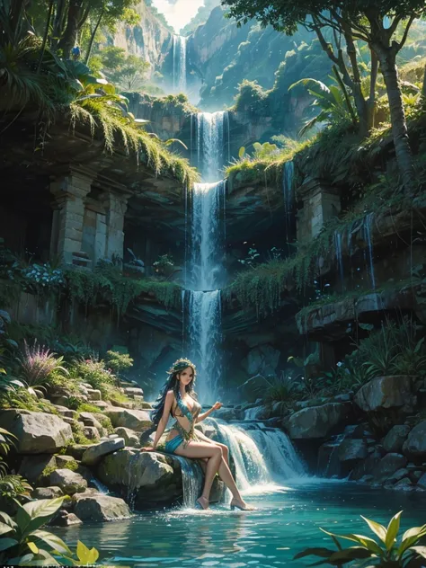 Goddess of water next to a waterfall, she in surrounded by water whips, dynamic,   glenn, river running between rock walls, tropical vegetation with luxurious colourful flowers, vines, hanging plants, illuminated by natural sunlight,highly detailed, photor...