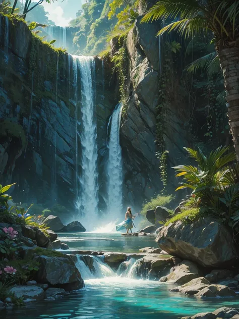 Goddess of water next to a waterfall, she in surrounded by water whips, dynamic,   glenn, river running between rock walls, tropical vegetation with luxurious colourful flowers, vines, hanging plants, illuminated by natural sunlight,highly detailed, photor...