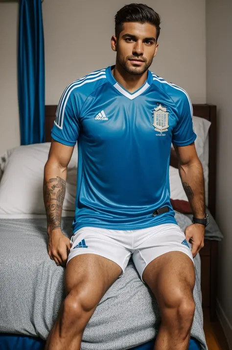 Man about to sleep with a soccer shirt and shorts in Argentina