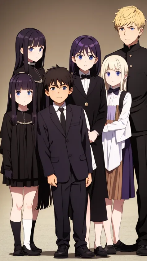 Only four kids,  girls, boys, one girl has long dark purple hair, black eyes, the other girl has black hair with bangs, brown eyes, one boy has white hair and blue eyes, And the other boy has blond hair and brown eyes, they are all wearing black clothes Th...