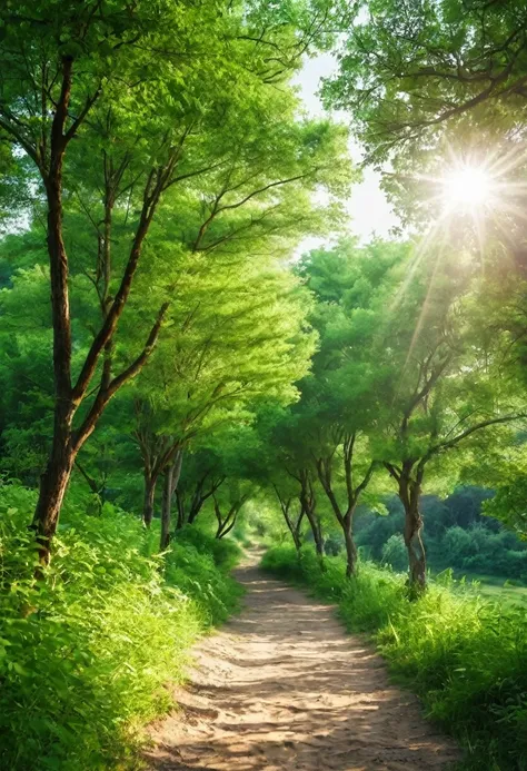 Photography，Summer in the countryside，Summer trees，The Trail，乡间The Trail，Green trees on both sides，The sun&#39;s rays are very strong，烈日Like flames，A ray of sunlight，Like flames，The light of flame