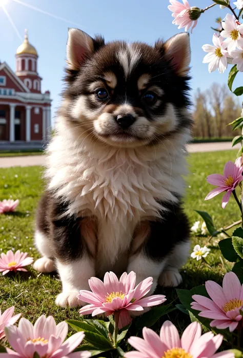 beautiful siberian puppy, playing with flowers in the spring, warm and sunny day, image that generates tenderness,