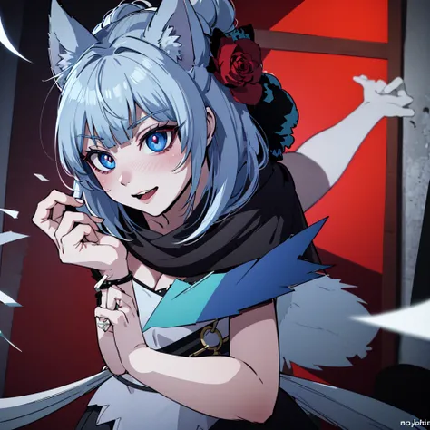 A werewolf with beautiful blue eyes, a cunning and malevolent gaze, detailed anime style, niji colors, best quality, 4k, 8k, highres, masterpiece, ultra-detailed, realistic, photorealistic