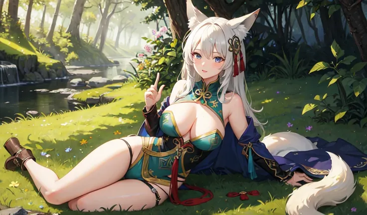 ((Highest quality)), ((masterpiece)), (detailed), sexy,forest,Fox Ears,celtic costume