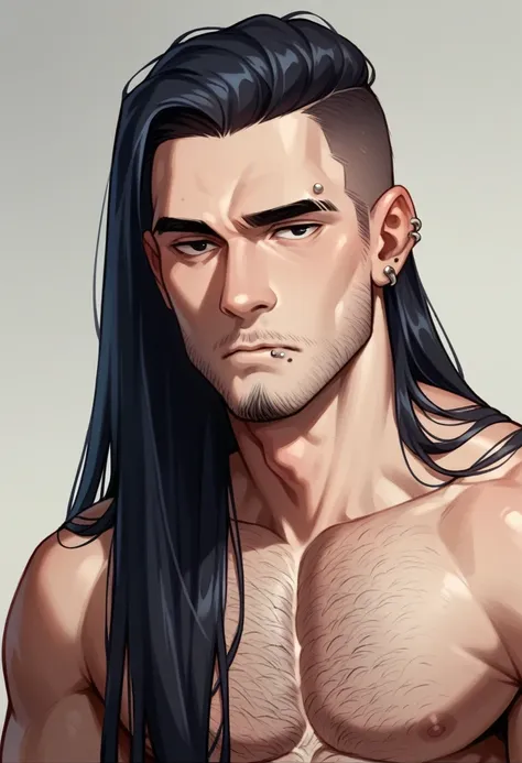 humans, a young man of 25 years, man, defined body, very long hair, black hair, lower lip piercing, clear skin, black eyes, fran...