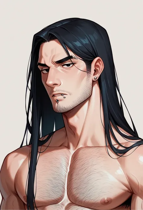 humans, a young man of 25 years, man, defined body, very long hair, black hair, lower lip piercing, clear skin, black eyes, fran...