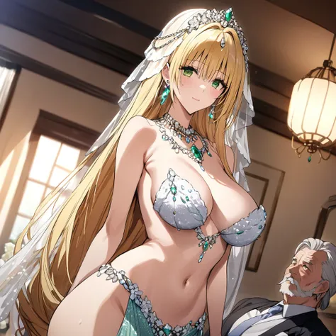 ((Highest quality)), ((masterpiece)), (detailed), （Perfect Face）、The woman is Tiare, has green eyes, medium-long blonde hair, and is wearing an engagement ring.、The woman is wearing a gorgeous and glittering mermaid dress, a gorgeous see-through cape and a...