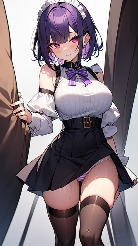 最high quality, high quality, Super detailed, 32k, Ultra-detailed details, Sister and maid, (Standing, pretty girl, beautiful purple hair, short hair, Beautiful RED eyes, mature, Big Breasts, A light smile, Off-the-shoulder sleeveless Summer clothes, Summer...