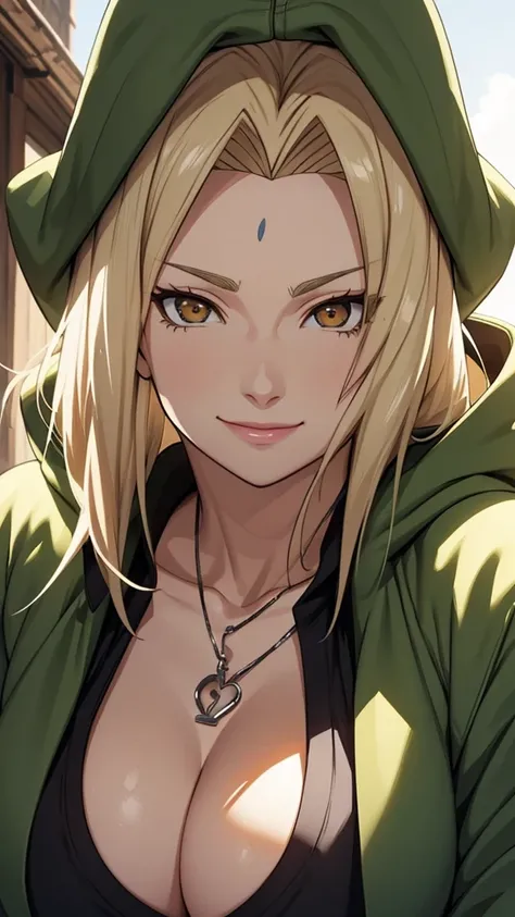 tmasterpiece，blond hairbl，Green coat，Golden eyes，smile，slightly fat big breasts，Be red in the face，Headwinds and sagging，best qualtiy，The is very detailed，Bust photo，Get close to the lens，Top-down view，with a good figure